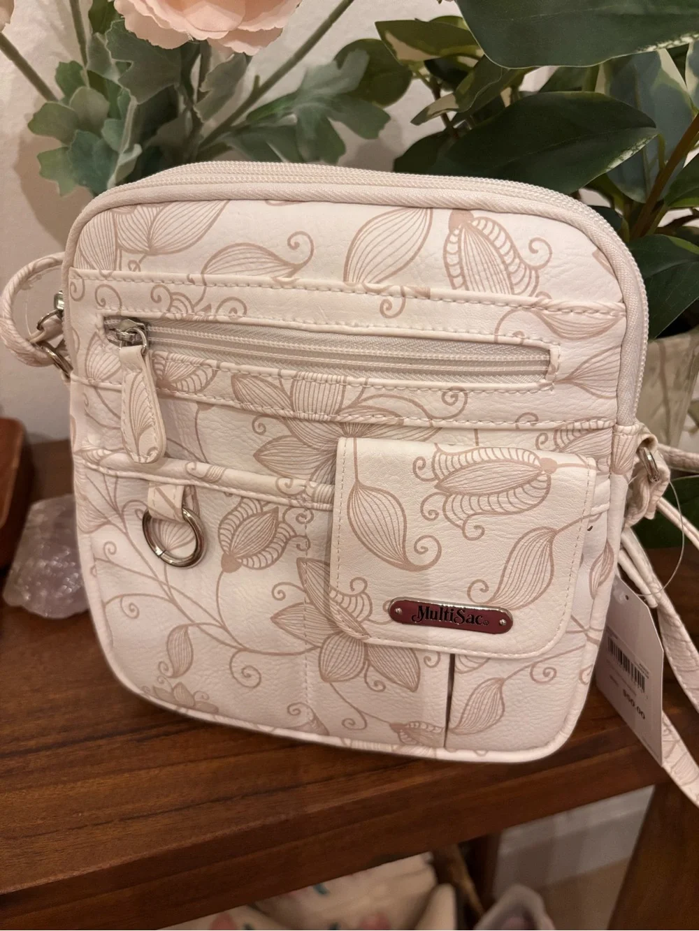 MultiSac Cream Floral Crossbody Bag with Front Pocket